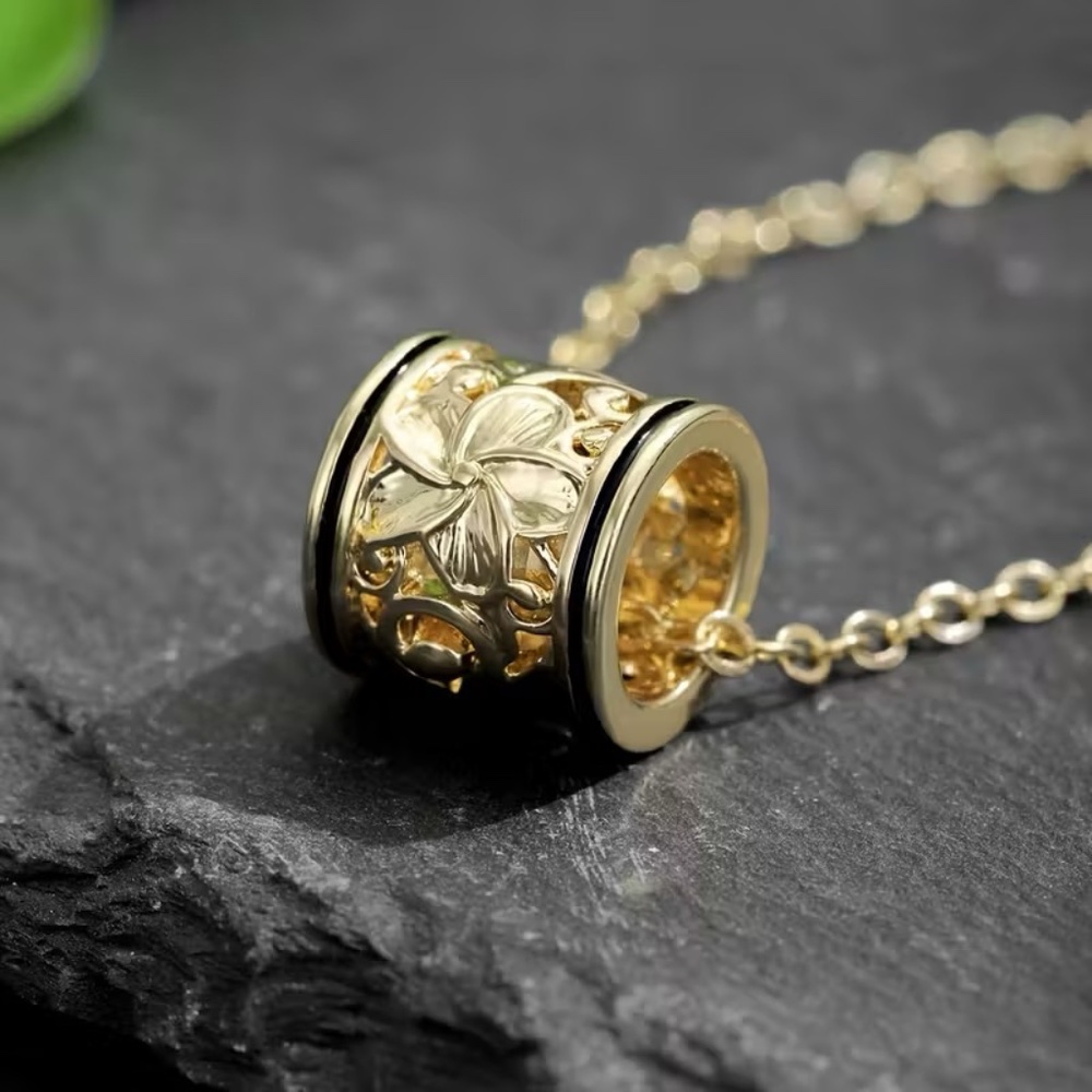 Gold Plumeria Barrel Necklace | Island Floral Pendant